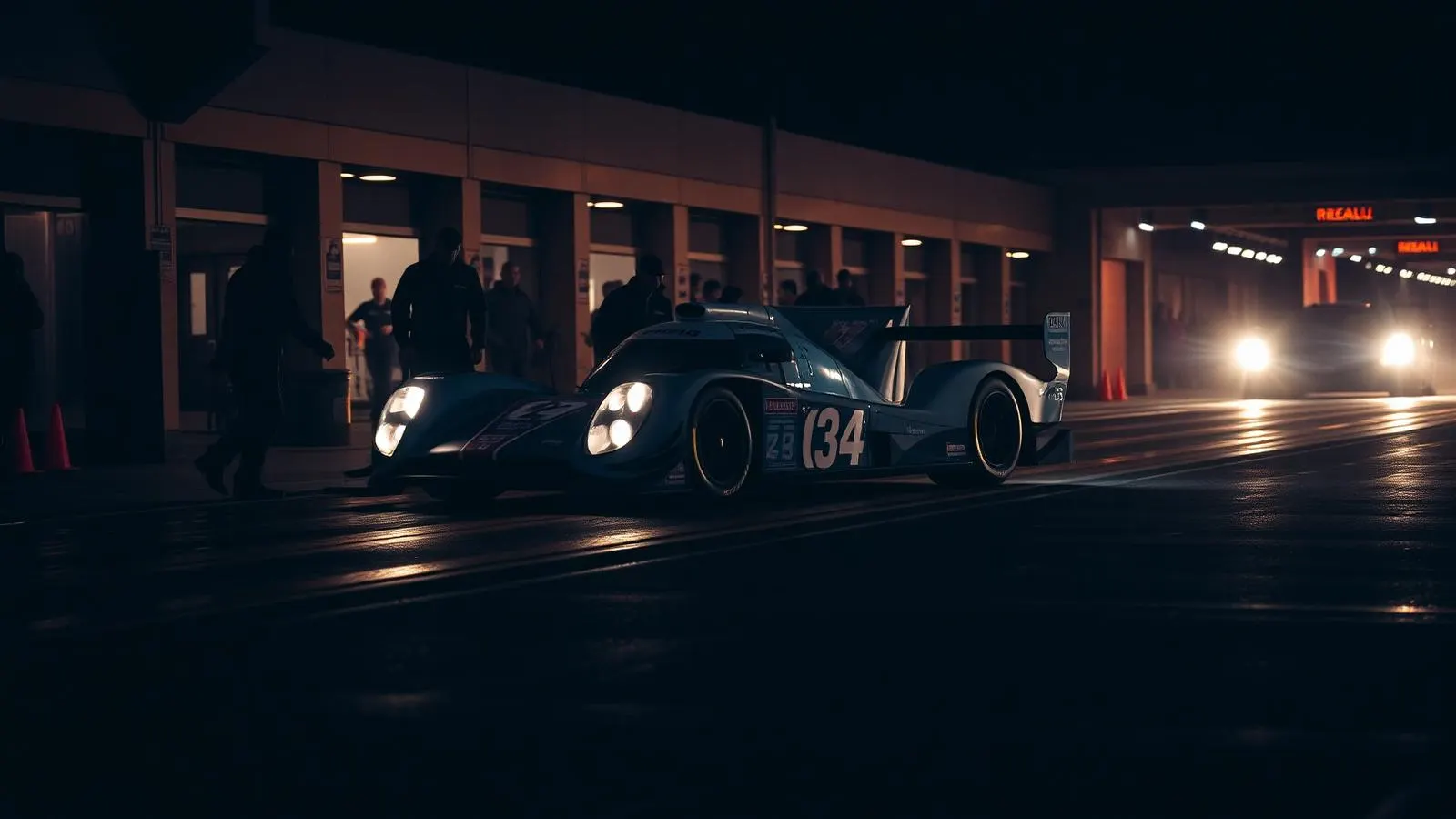 Night pit lane during an endurance race